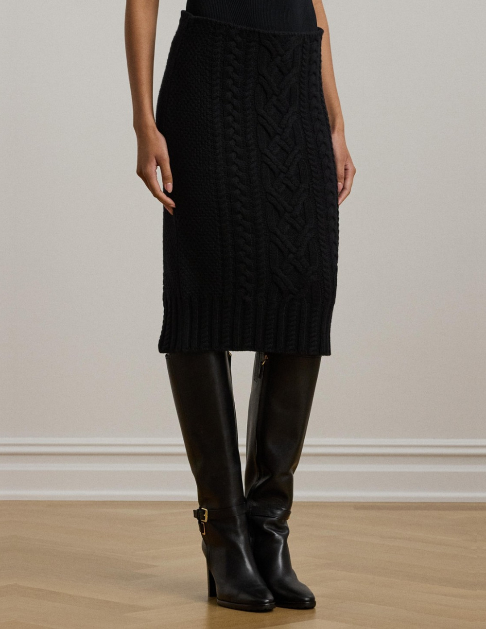 Lauren Ralph Lauren Women Aran Knit Wool Blend Pencil Midi Skirt Black Size XS